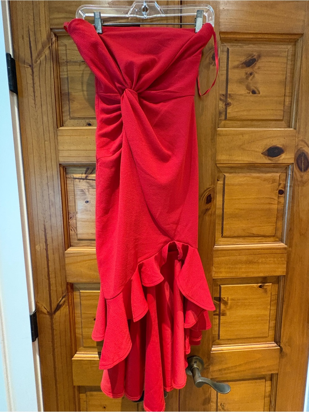 Strapless Red Ruffle High-Low Midi Dress